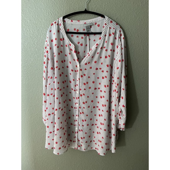 Catherines Tops - Catherines Strawberry Stripe Button Down Blouse Women 4X 30/32W Red Black White